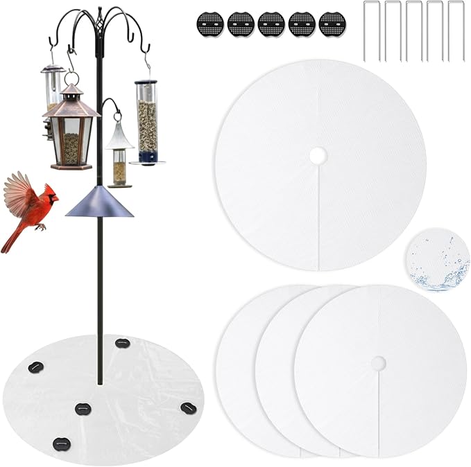 Tinideya 4 Pcs PVC Shepherd's Hook Bird Droppings Mat 47.24" Round Bird Feeder Mat with 8 Ground Spikes Intercepts Birds Droppings Spilled Feed for Protect Lawns Garden