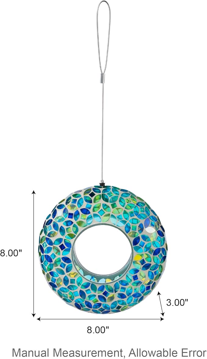 Glitzhome 8''D Hanging Glass Bird Feeder, Round Fly Through Wild Bird Feeder for Outdoors,Blue/Green Mosaic Birdfeeder for Garden, Yard, Backyard, Deck and Porch Decor