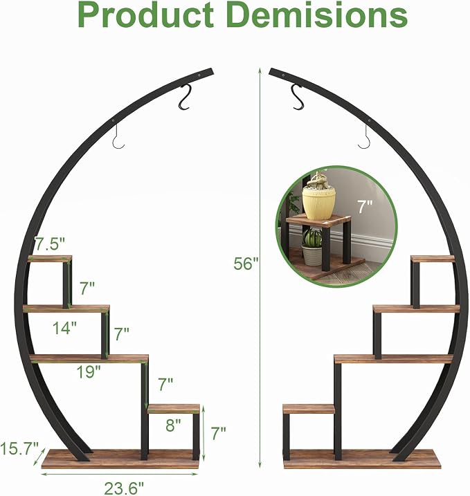 5 Tier Tall Plant Stand Indoor, Half Moon Metal Plant Shelf (2 Pack) for Multiple Plants - Space-Saving Curved Design, Sturdy Indoor/Outdoor Flower Rack, Brown