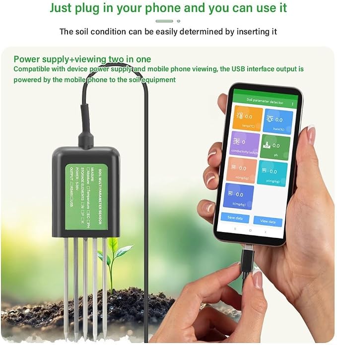 USB Soil Sensor 7-in-1 Tester For Moisture, Soil Analysis Tool, Temperature, PH & NPK Nutrients - IP68 Digital Meter For Agriculture, Gardening & Research Farming, Floriculture