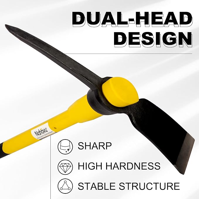 Nohovu Pickaxe with Shock Absorbing Fiberglass Handle, Heavy Duty Forged Steel Pick Axe for Digging, 36 Inches (406Y)