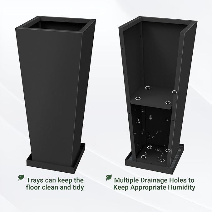 Metal Tall Outdoor Planters Set of 2, 28 inch Durable Tall Planters with Rust-Proof Coating & Drainage Insert Shelve & Trays, Black Outdoor Planters for Porch, Garden, Patio, Yard