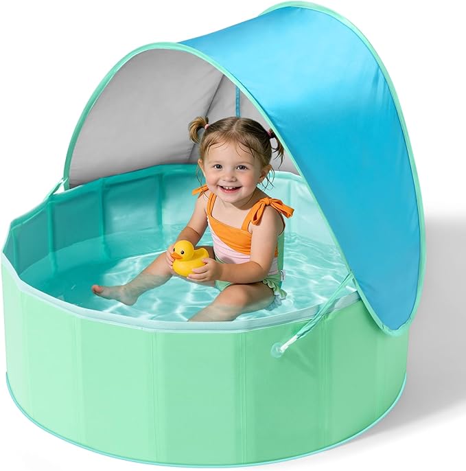 Hikiddy Foldable Kiddie Pool with Canopy: 31.5in/ 47in /63in for Baby Toddler Kids Family - Summer Water Play Pool with Shade - Portable for Outdoor Backyard Beach (Blue & Mint, 31.5in)