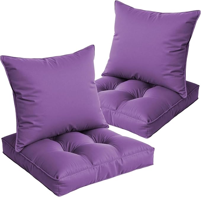 Waterproof Outdoor Chair Cushions Set of 2, Patio Cushions for Outdoor Furniture Water-Resistant & Fade-Resistant, Deep Seat & Back Cushion for Wicker Sofa, 22x22 Inch (Purple) #FX
