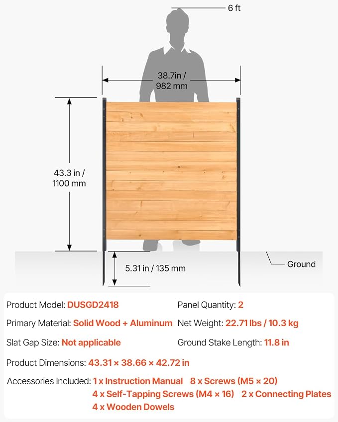 VEVOR Wood Privacy Fence, 38" W x 42" L, 2 Panel Solid Air Conditioner Fence Screen, Pool Equipment Enclosure with Metal Stakes, Easy DIY Installation, Outdoor Trash Can Hider for Garden Decoration