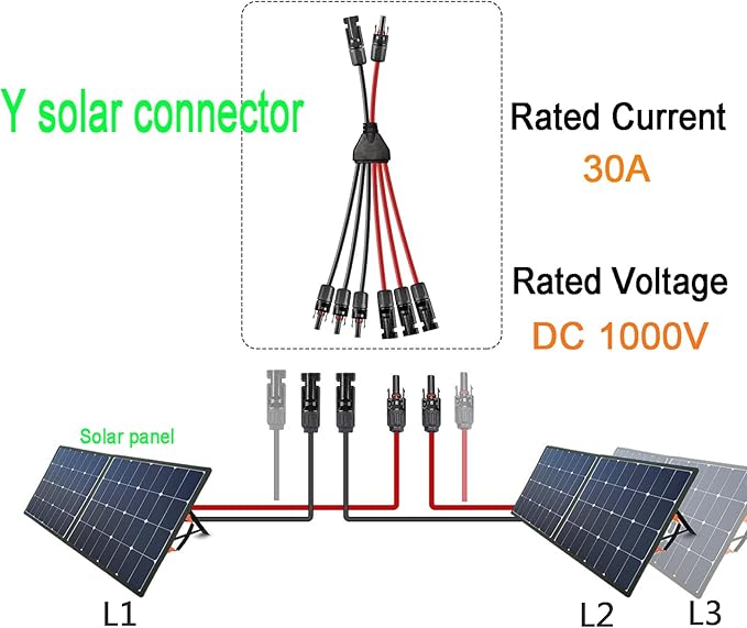 Solar Y Connector,Solar Y Branch Parallel Cable 2 to 6 Male Female Solar Connector Adapter,10AWG 45A Waterproof IP68 30CM Cable, for Solar Panels,Solar Cells,1 Pcs.(Y Solar 2-6)