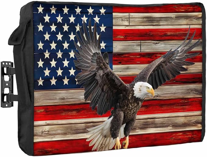 DecorLovee Retro American Flag Outdoor TV Cover 30 to 32 Inches Weatherproof & Waterproof, Blue Red USA Flag Outdoor TV Enclosure with Remote Control Pocket, Eagle TV Screen Protectors for Outside TV