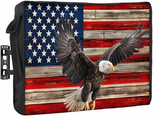 DecorLovee Retro American Flag Outdoor TV Cover 70 to 75 Inches Weatherproof & Waterproof, Blue Red USA Flag Outdoor TV Enclosure with Remote Control Pocket, Eagle TV Screen Protectors for Outside TV