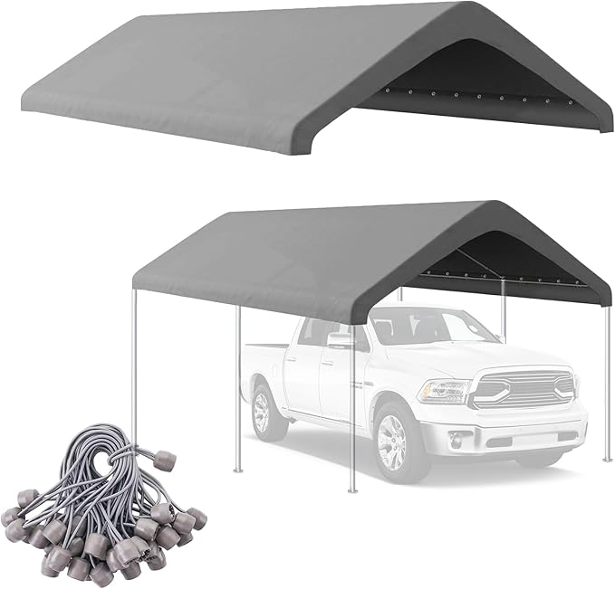 10x20FT Canopy Replacement Cover, Carport Replacement Canopy for 10' x 20' Frame, 800D Oxford Waterproof & UV Protected Tarp with Ball Bungees (Frame is not Included) (Gray)
