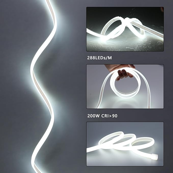 BENLUN AC 110V COB LED Strip Lights Outdoor Waterproof 65.6ft, 6000K Cool White Super Bright 200W CRI 90+ LED Rope Light, IP65 Flexible Cuttable, for Bedroom Garden Commercial House