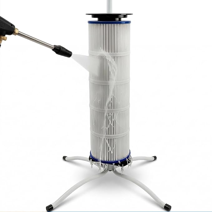 Pool Filter Cleaning Stand, Upright Stand for Cartridge Filters, Smooth Bearing-Assisted Spin, Easier Upright Rinsing for Routine Pool Maintenance, Fits 3”/4”/6” Center-Hole Filters Up to 35”