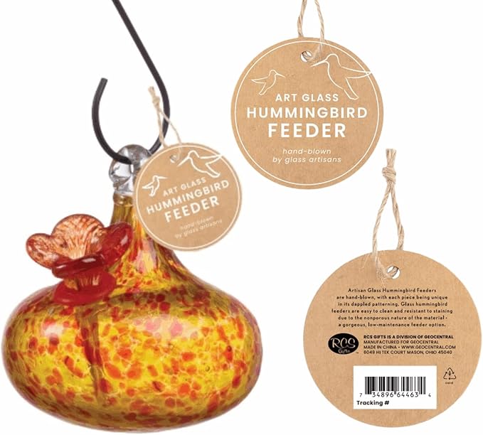 Red Carpet Studios Hummingbird Feeder Hand-Blown Art Glass Hanging Birdfeeder with Red Flower Feeding Port, 5.5" Teardrop Yellow