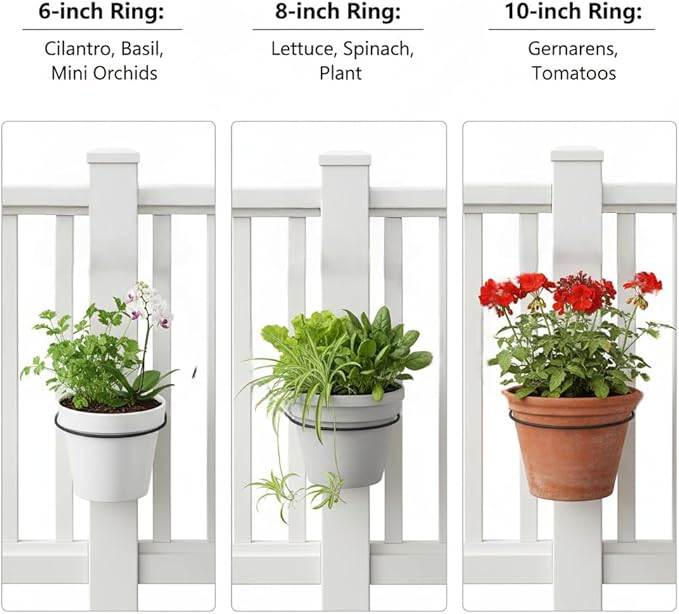 Hanging Flower Pots Holder-Deck Railing Plant Container Holder for Round Pot Planters (6") Hanging Bucket Flower Pot Holder for Patio Balcony Outdoor Plants 2 Pack