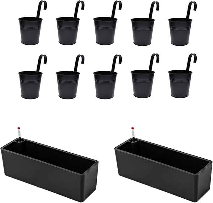 LaLaGreen Bundle- 2 Pack, 16 Inch Self Watering Planter + 10 Pack, 6 Inch Black Metal Pot Hanging Balcony Rail Deck Iron Bucket Large Window Boxes with Drainage Decorative Home Windowsill Garden Decor