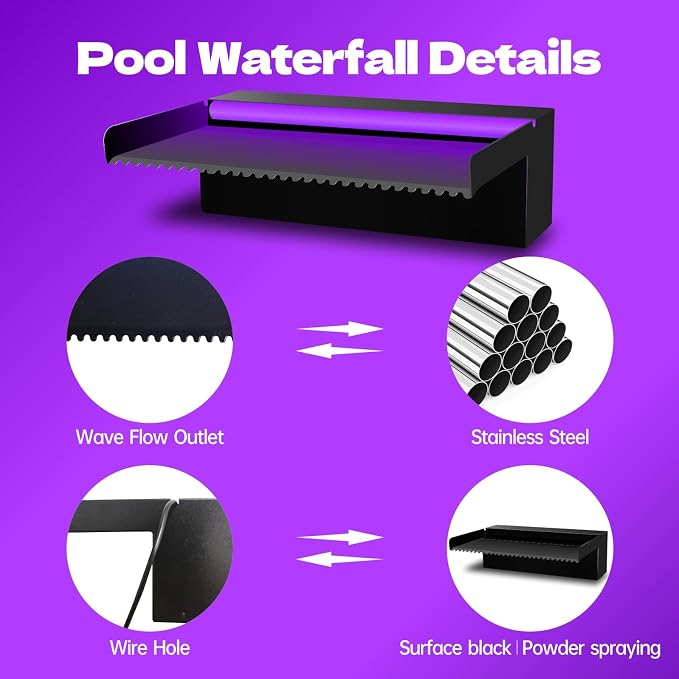 Pamopamo Pool Waterfall Spillway Stainless Steel Pond Fountain, APP Control Colorful LED Lighted Outdoor Black Fountains, Water Flow Spillways Kit for Koi Pond, Swimming Pool, Garden-35.4"x7.8"x3.9"