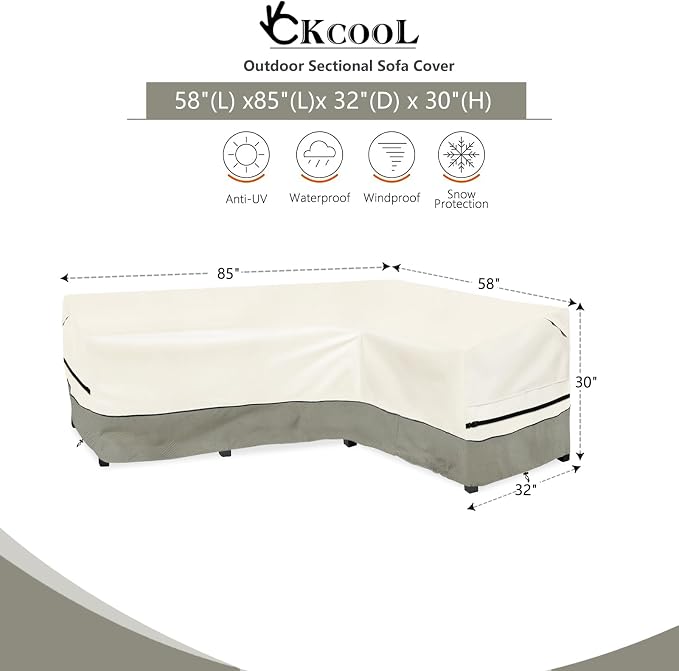 okcool Outdoor Sectional Cover,L-Shaped Patio Furniture Covers for 4-Seater Outdoor Sectional Furniture Couch 85”W (Back Length) x 58”W (Right Side),White&Grayish Green