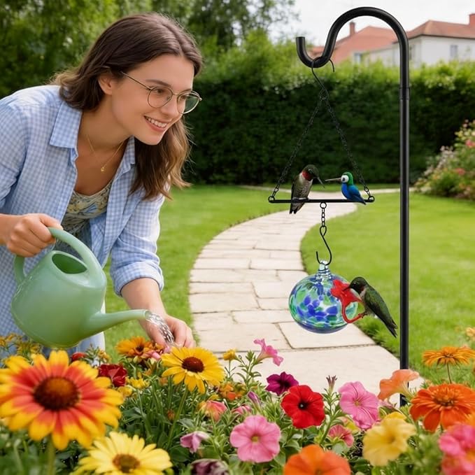 Headak Life Hummingbird Feeder for Outdoors Hanging,Metal Hummingbird Swing with Hand Blown Glass Hummingbird Feeder,Artistic Bird Perch & Garden Decor, Unique Gardening Gifts for Women(Dotted Blue)