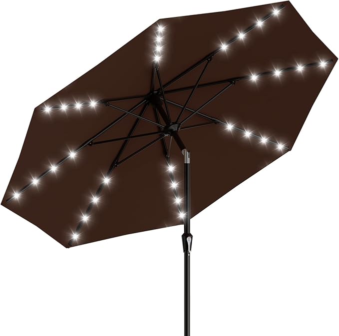 AreShark 9FT Patio Umbrella with Solar Lights, 32 Lighted Pool Umbrella w/Tilt and Crank, Outdoor Market Solar Umbrellas for Garden, Deck, Backyard, Pool and Beach, Brown
