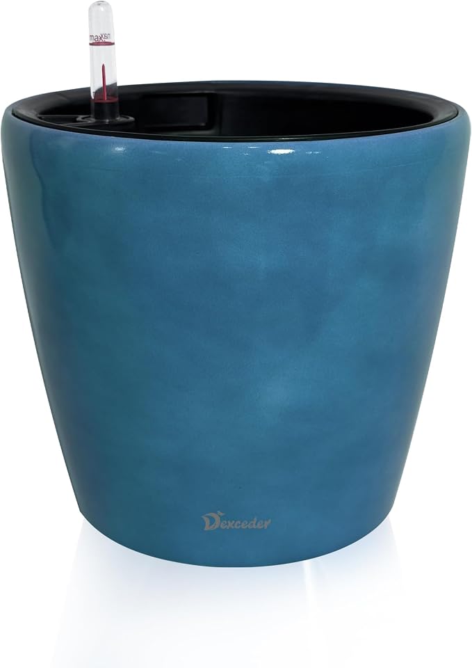 Dexceder 11x10 Self Watering Planter (Peacock Blue Gradient) | Inner Pot Design, Thickened Table Flower Plant Pot with Water Level Indicator Indoor Outdoor