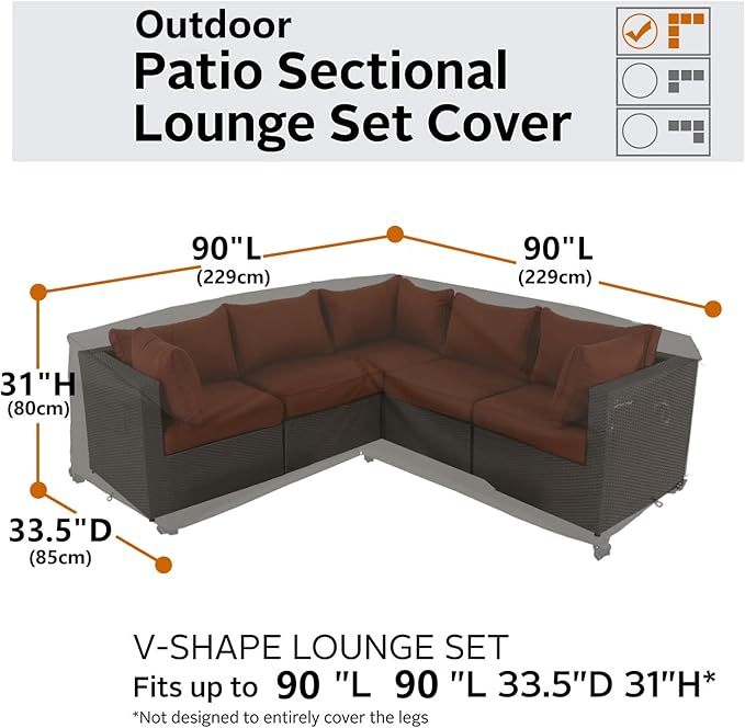 Heavy Duty Outdoor Sectional Sofa Cover, Waterproof 600D Patio Sectional Couch Cover, Lawn Patio Furniture Protector(Storm Grey, V-Shaped-90 x 90")