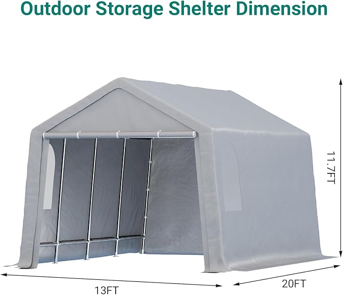 13'x20' Heavy Duty Grey PE+Steel Carport Canopy, Waterproof Outdoor Storage Shelter for Bike & Firewood