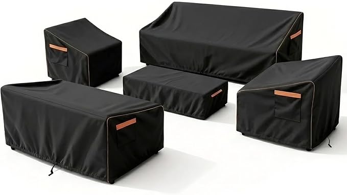 Patio Furniture Cover Set, 5-Piece Outdoor Furniture Cover Waterproof, 600D Heavy-Duty Lawn Patio Set Covers UV-Resistant Outdoor Protection for Sofa, Loveseat, Chairs & Coffee Table, All-Season,Black