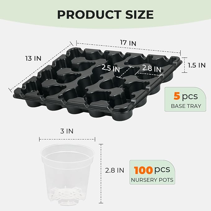 homenote 3 Inch Seed Starting Trays with Clear Nursery Pots, 5-Pack 20-Cell Seedling Starter Trays & 3" Nursery Pots 100 Pcs with Drainage, Plant Starter Germination Trays for Indoor Outdoor Growing