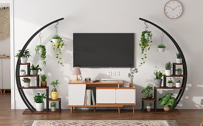IDEALHOUSE 2 Pack 5 Tier Tall Indoor Plant Stand, Metal Half Moon Tiered Flower Rack, Space-Saving Design with 6 Hangers for Multiple Plants Display, Decorative Shelf for Home & Outdoor,Brown