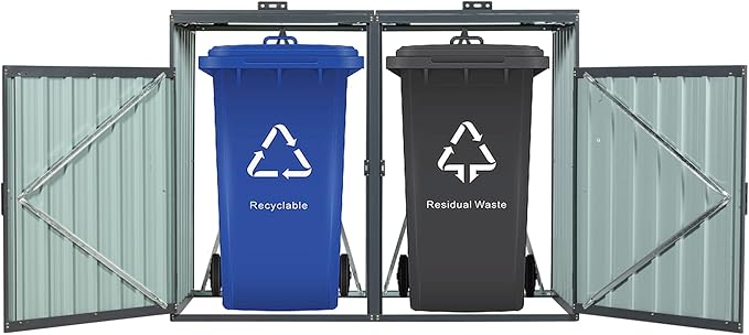 62.99" Metal Garbage Bin Shed Stores with Ventilated and Lockable,Patio Furniture 2 Trash Cans Outdoor Sheds w/Rust-Proof & Scratch- Resistant,for Garden Yard Lawn,Black
