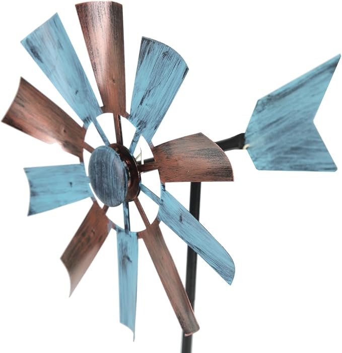 BinaryABC Outdoor Yard Windmill Metal Wind Spinner,Wind Sculptures Spinners Yard Decor Pinwheel,for Garden Yard Lawn Patio Decoration (Retro Two-Color)