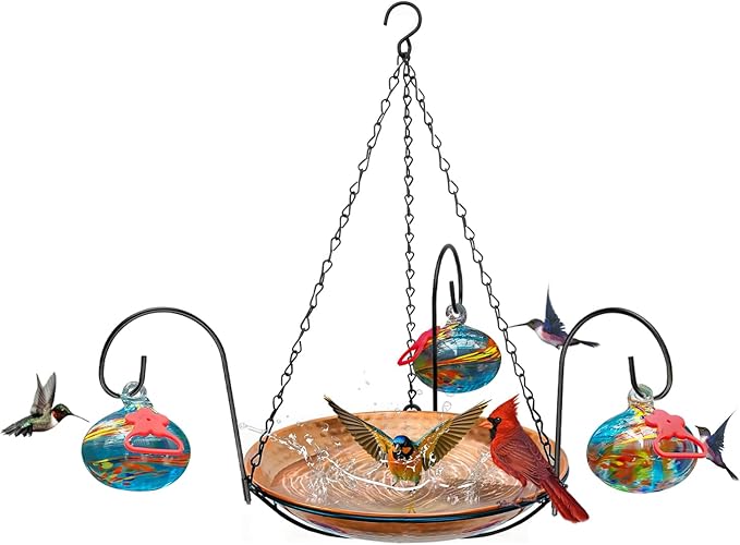 Wind Chimes Hanging Bird Feeders for Outdoors ＆ Bird Bath ＆ Hummingbird Feeders for Outdoors 3-in-1,Hand Blown Glass Hummingbird Feeder Balls,Detachable Feeder ＆ BirdBath(11in)(Phoenix Tail Blue)