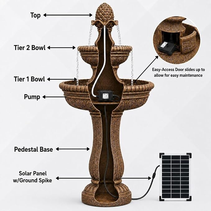 XBrand 39" Solar Water Fountain, Sand Stone Resin | 2-Tier, Outdoor
