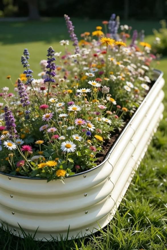 GrowHaus 4x2x1ft Galvanized Raised Garden Bed, Planter Boxes Outdoor Metal Garden Beds for Planting Vegetables Flowers Herbs Milk White 2 Pack