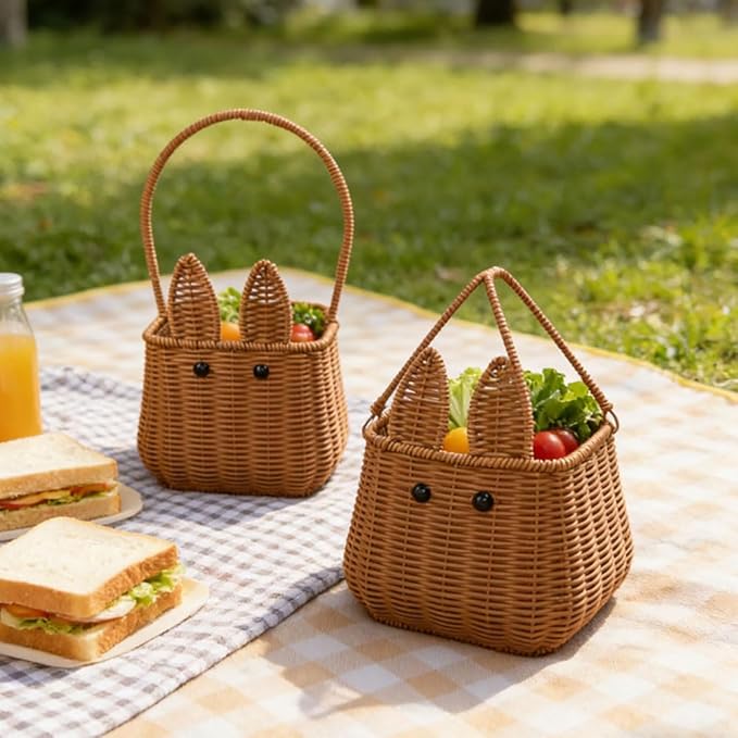 Picnic Basket, Garden Harvest Basket, Wicker Shopping Baskets with Foldable Handles, Reusable Handwoven Market Baskets for Carrying Shopping Storage Gathering (Brown, Bunny Ears)