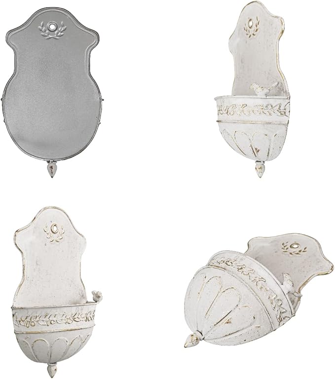 Vintage Distressed White Metal Wall Planter, Rustic Hanging Pocket Planter with Scrollwork & Scalloped Design, Farmhouse Wall Decor for Indoor & Covered Outdoor Garden, Porch & Entryway (White Gold)