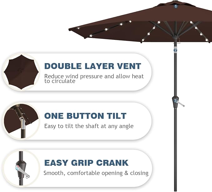 9FT Patio Umbrella with Solar Lights,Outdoor Market Umbrella with Tilt and Crank, LED Lighted Table Umbrella for Garden,Deck,Backyard,Pool,Beach