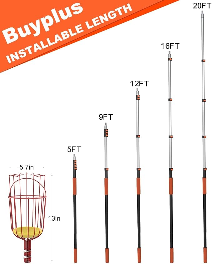 Buyplus 26ft High Reach Fruit Picker with Basket Telescoping, 5-20 Foot Heavy Duty Sturdy Aluminium Telescoping Extension Pole, Easy to Attach Twist-On Metal Basket for Picking Mango Avocado Lemon