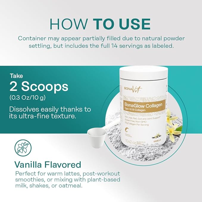 Collagen Peptides - Type I & III - Premium Hydrolyzed Collagen Powder - with Digestive Enzymes & Probiotics - High Dosis of Collagen & Protein - 14 Servings - BonaGlow Vanilla