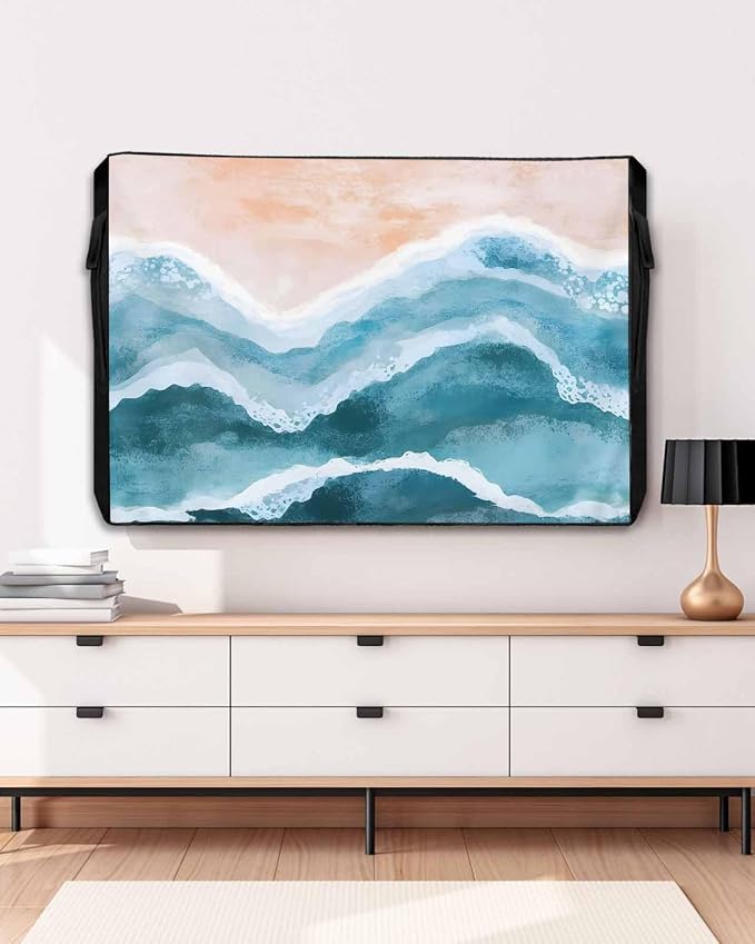 Outdoor TV Cover for Outside Flat Screen,Beach Blue Water Ripple 600D Thick Waterproof Weatherproof Outdoor TV Screen Protector with Zipper for 52 to 55 Inch Flat Screens Abstract Waves Gradient