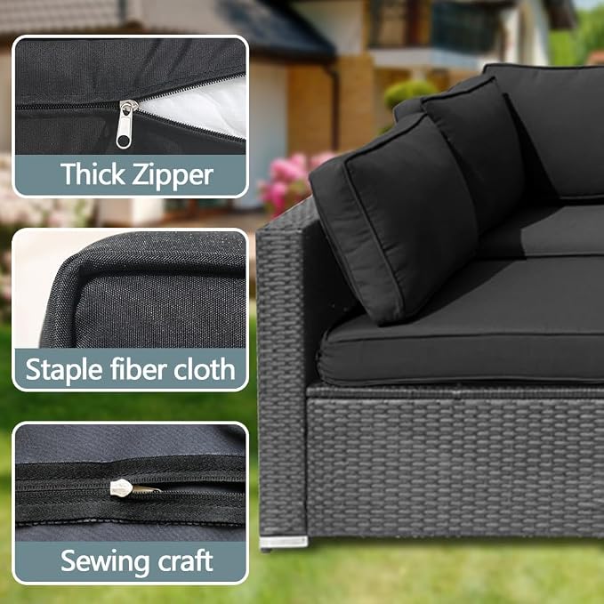 14Pcs Outdoor Cushion Covers Replacement Washable Waterproof UV w/Zipper for 6-Seaters Sofa Patio Slipcovers Set Seat and Back Covers Only (Black, 25x25x3.15inch)