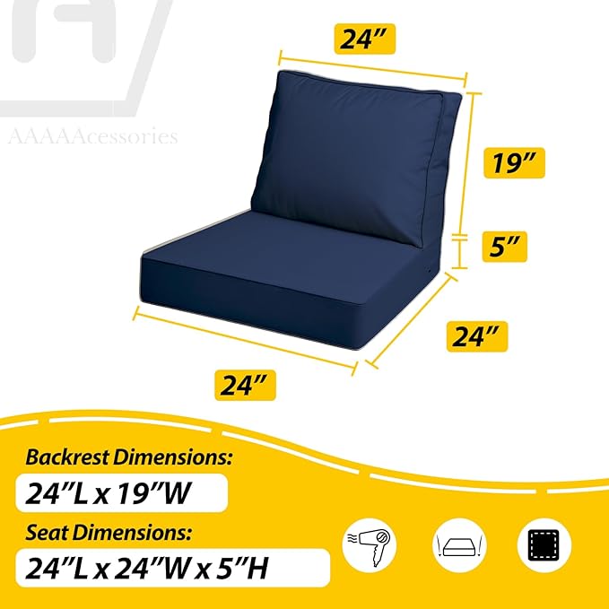 AAAAAcessories Outdoor Deep Seat Cushions with Double Welted Pillow, Waterproof, Fade-Resistant Patio Furniture Replacement Cushions, 24" x 24" x 5" + 24" x 19", Navy Blue