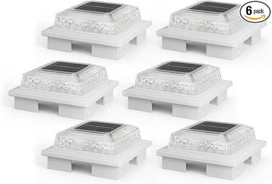 APONUO Solar Post Cap Lights, 3 Color Modes & 2 Brightness, Adjustable Base Fits 4x4 5x5 6x6 Posts (3.5-5.5 Inch), IP65 Waterproof, Deck & Fence Post Lights Solar Powered with Screws, White, 6 Pack