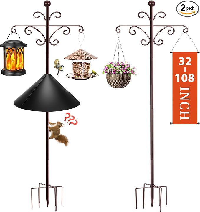 Bird Feeder Pole for Outdoors Heavy Duty Squirrel Proof, 2 Pack 108 Inch Adjustable Tall Shepherds Hooks for Outdoor with 7 Prongs Base, Double Shepherd Hooks (2 Pack Copper, 108 Inch)