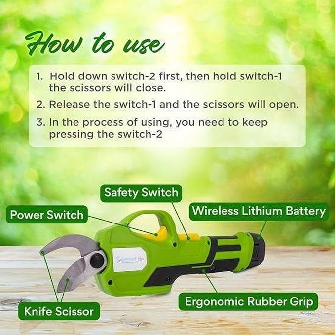 Power Pruner Electric Metal Shears - 7.2v Lithium-ion Rechargeable Battery Powered Electric Pruning Shears Garden Trimmer - Hand Held Cordless Tree Branch Cutter w/Safety Switch - SereneLife PSPR170