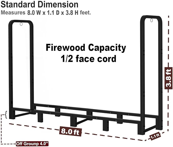Firewood Rack Outdoor 8ft Heavy Duty Logs Holder for Indoor Fireplace Metal Wood Pile Storage Stacker Organizer, Matte Black
