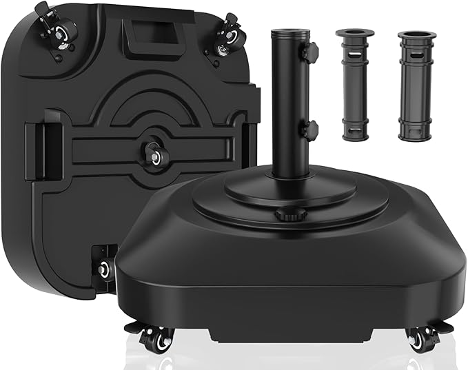 Umbrella Base,Heavy Duty Patio Umbrella Stand with 5 Wheels, Max 145lb Fillable Umbrella Holder Wind-Resistant, Mobile Square Market Stand for Outdoor, Deck, Lawn, Fits Most Sized Umbrellas (21 in)