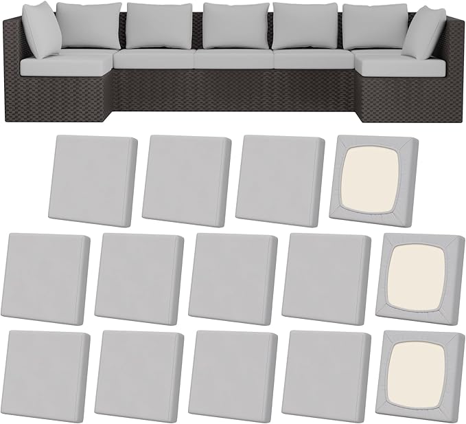 14Pcs Patio Stretch Cushion Covers, Outdoor Couch & Sofa Replacement Slipcovers for Patio Furniture Cushion Covers, Washable Reusable Furniture Protector, Square Large, Air Grey