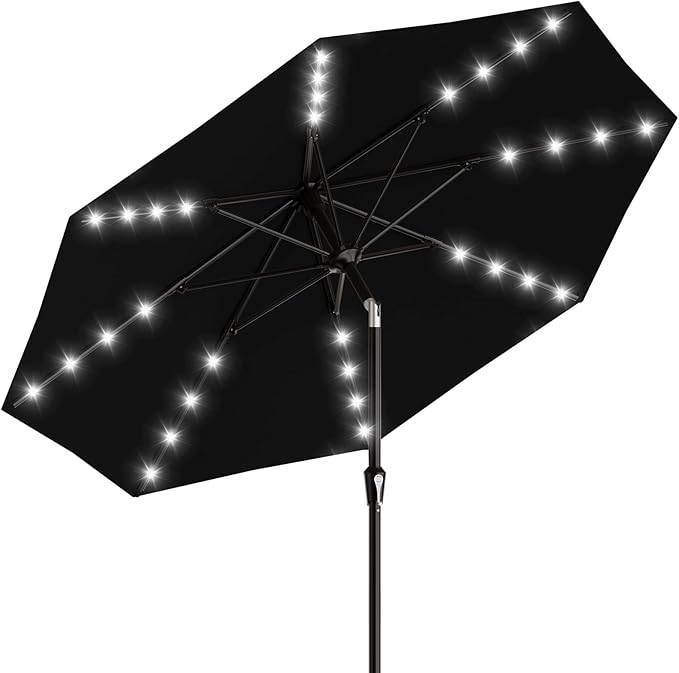 AreShark 9FT Patio Umbrella with Solar Lights, 32 Lighted Pool Umbrella w/Tilt and Crank, Outdoor Market Solar Umbrellas for Garden, Deck, Backyard, Pool and Beach, Black
