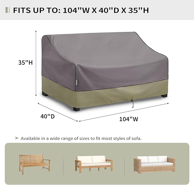 KylinLucky Extra Long Patio Sofa Cover 104 x 40 x 35 inches 600D, Heavy Duty Waterproof Outdoor Sectional Couch Cover with Air Vents Grey