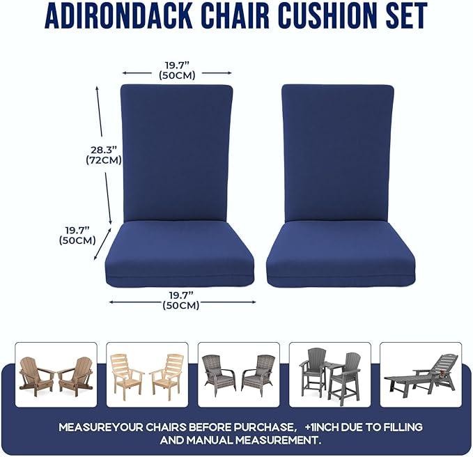 Adirondack Chair Cushions, Waterproof & Fade-Resistant Outdoor Rocking Chair Cushion Set, Removable Seat Pads with Ties for High Back Dining or Patio Chairs, Navy